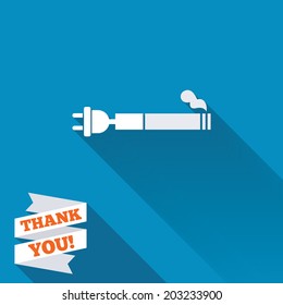 Smoking sign icon. E-Cigarette symbol. Electronic cigarette. White flat icon with long shadow. Paper ribbon label with Thank you text. Vector