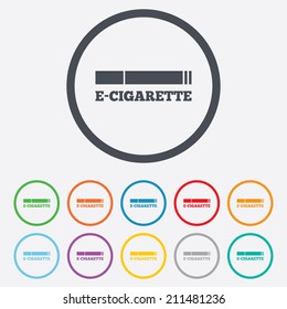 Smoking sign icon. E-Cigarette symbol. Electronic cigarette. Round circle buttons with frame. Vector