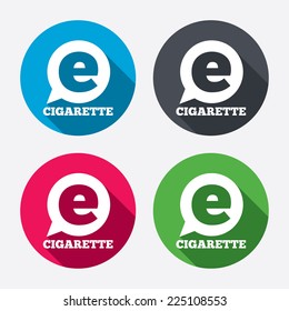 Smoking sign icon. E-Cigarette symbol. Electronic cigarette. Circle buttons with long shadow. 4 icons set. Vector