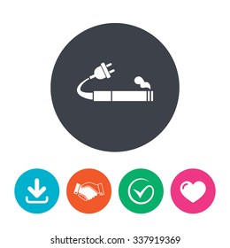 Smoking sign icon. E-Cigarette symbol. Electronic cigarette. Download arrow, handshake, tick and heart. Flat circle buttons.