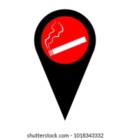 Smoking sign illustration. Vector. Flat white icon in red circle at black marker on white background. Isolated.