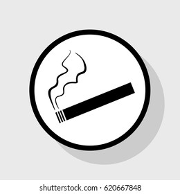 Smoking sign illustration. Vector. Flat black icon in white circle with shadow at gray background.