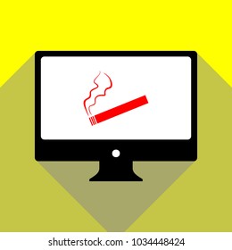 Smoking sign illustration. Vector. Red icon on white monitor of black all-in-one desktop computer with two shadows at yellow background.