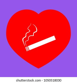 Smoking sign illustration. Vector. White icon in red heart at lavender background.
