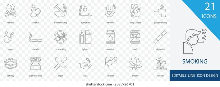 Smoking simple line icon set.  containing matchstick, danger,  no smoking,  smoker,  harmful  and more  stroke art