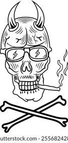 Smoking Skull with Devil Horns, Crossbones, Lightning Glasses, and Cigarette - Gothic Vector Illustration for Tattoos, Halloween, and Rock Art