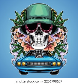 smoking a skull he wears a hat, and drives a luxury car against a backdrop of weed leaves, and some flowers.