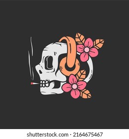 smoking skull head vector design wearing headphones plus floral ornament