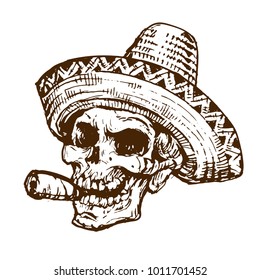 Calavera fumeante en sombrero mexicano con boceto vectorial de puros dibujo a mano ilustración