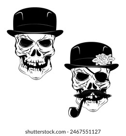 smoking skull with a mustache and a hat