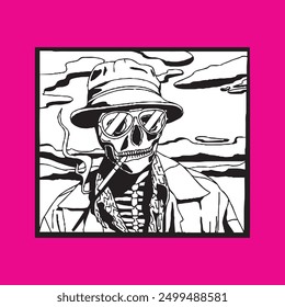 Smoking skull relaxing artwork illustration, line art, black clip, bone cowboy, dead desert