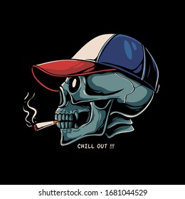 Smoking skull vector illustration. Skull head wearing baseball cap. Chill out design for sticker, t-shirt or poster