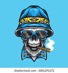 Smoking Skull Wearing Bucket Hat Vector