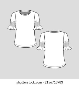 Smoking Sleeve ruffles t shirt top rib crew neck smocked  ruffles sleeve hem fashion blouse clothing flat sketch technical drawing template design vector