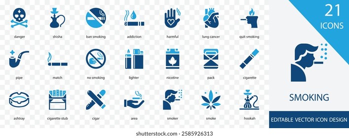 Smoking solid icon set.  containing matchstick, danger,  no smoking,  smoker,  harmful  and more  vector design