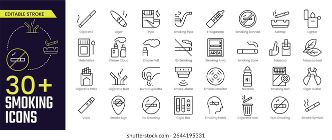 Smoking Stroke icon collections. Containing Smoking, Cigarette, E-Cigarette, Ashtray, Vape, Smoke Cloud, Smoke Alarm, and Cigar Cutter icons. Editable Stroke icon collection Outline icon