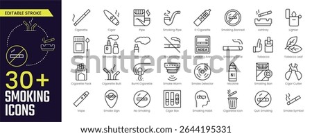 Smoking Stroke icon collections. Containing Smoking, Cigarette, E-Cigarette, Ashtray, Vape, Smoke Cloud, Smoke Alarm, and Cigar Cutter icons. Editable Stroke icon collection Outline icon