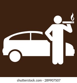 Smoking taxi driver icon from Business Bicolor Set. Vector style: flat symbols, white color, rounded angles, brown background.