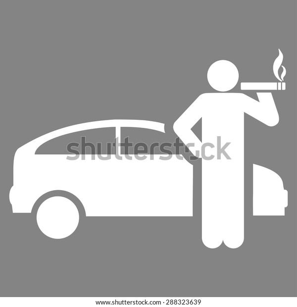 Smoking taxi driver icon from Business\
Bicolor Set. Vector style: flat symbols, white color, rounded\
angles, gray\
background.