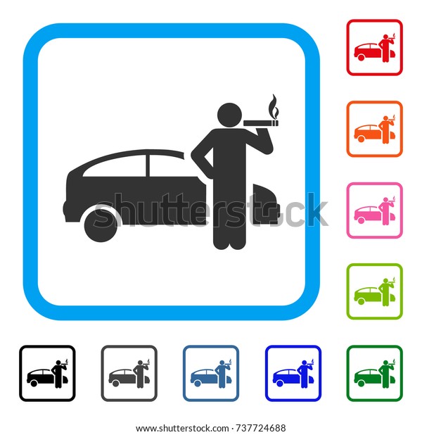 Smoking Taxi Driver icon.\
Flat grey pictogram symbol in a light blue rounded frame. Black,\
gray, green, blue, red, orange color versions of Smoking Taxi\
Driver vector.