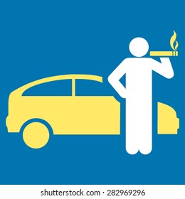 Smoking taxi driver icon. Style: flat bicolor symbol, yellow and white colors, rounded angles, blue background.
