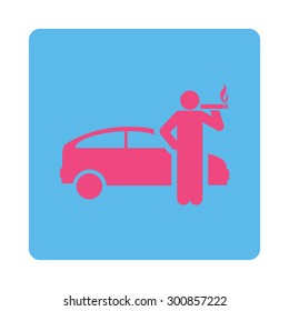 Smoking taxi driver icon. Vector style is pink and blue colors, flat rounded square button on a white background.