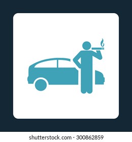Smoking taxi driver icon. Vector style is blue and white colors, flat rounded square button on a dark blue background.