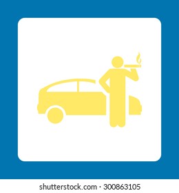 Smoking taxi driver icon. Vector style is yellow and white colors, flat rounded square button on a blue background.