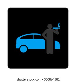 Smoking taxi driver icon. Vector style is gray and light blue colors, flat rounded square black button on a white background.