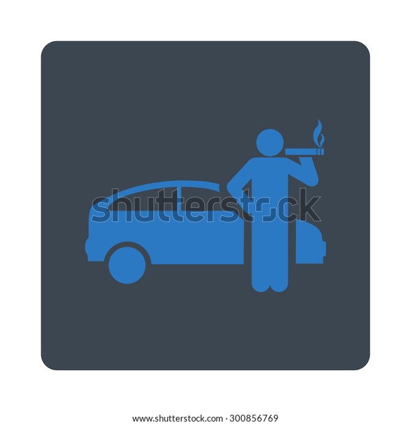 Smoking taxi driver\
icon. Vector style is smooth blue colors, flat rounded square\
button on a white\
background.