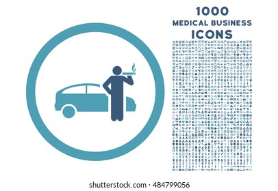 Smoking Taxi Driver rounded vector bicolor icon with 1000 medical business icons. Set style is flat pictograms, cyan and blue colors, white background.