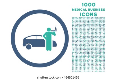 Smoking Taxi Driver rounded vector bicolor icon with 1000 medical business icons. Set style is flat pictograms, cobalt and cyan colors, white background.