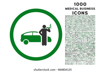 Smoking Taxi Driver rounded vector bicolor icon with 1000 medical business icons. Set style is flat pictograms, green and gray colors, white background.