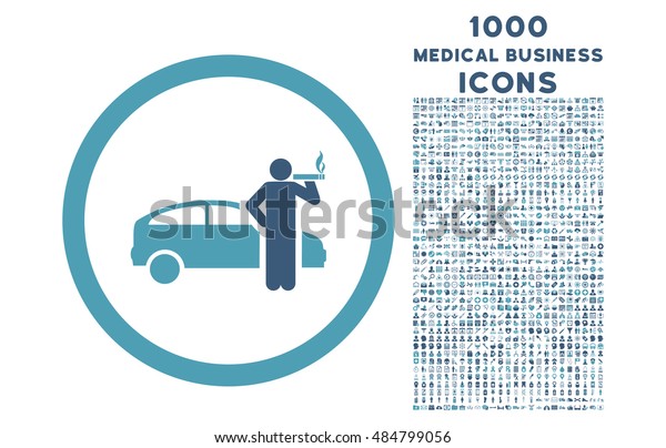 Smoking Taxi Driver rounded vector bicolor\
icon with 1000 medical business icons. Set style is flat\
pictograms, cyan and blue colors, white\
background.