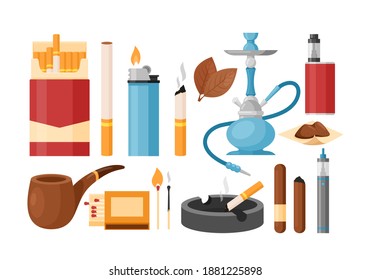 Smoking tobacco addiction vector illustration set. Cartoon smoker addict collection with nicotine cigarette in pack box or ashtray, cigar lighter hookah vape and tobacco leaves isolated on white