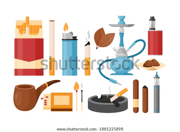 Smoking tobacco addiction vector illustration set.\
Cartoon smoker addict collection with nicotine cigarette in pack\
box or ashtray, cigar lighter hookah vape and tobacco leaves\
isolated on white