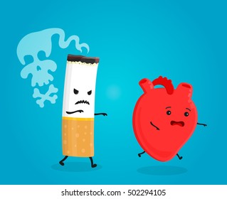 Smoking Tobacco Attack Kill Heart. Stop Smoking Concept. Cigarette Kills. Vector Flat Cartoon Character Illustration