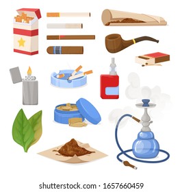 Smoking tobacco, bad habits set. Tobacco hookah, vape with smoke steam. Cigars, cigarettes, cigarillos, rolls in paper. Snuff, chewing tobacco powder, nicotine, tobacco leaves. Cigarette harm vector