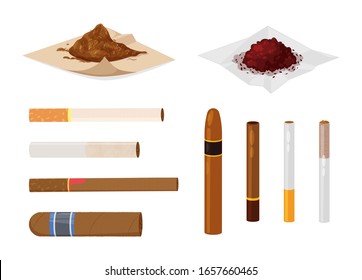 Smoking tobacco, bad habits set. Cigars, cigarettes, cigarillos, rolls in paper. Snuff, chewing tobacco powder, nicotine, Concept of smoking cigarette harm vector