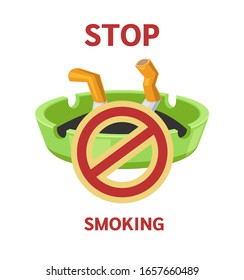 Smoking tobacco, bad habits set. Cigarettes with filter, cigar with tobacco, concept no smoking. Stop smoking red sign. The harm of tobacco flat vector illustration