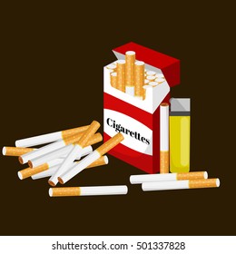 smoking tobacco cigarette with filter in red box and lighter vector illustration