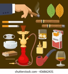 Smoking tobacco decorative icons set with cigarettes hookah cigars alcohol lighter on brown background isolated vector illustration