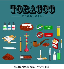 Smoking Tobacco Products Icons Set With Cigarettes Hookah Cigars Lighter Isolated Vector Illustration