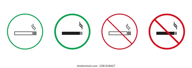 Señales de advertencia rojas y verdes sobre el tabaco para fumar. Línea de cigarrillos y juego de iconos de silueta. Área permitida y prohibida para fumar el pictograma de cigarrillos de nicotina. Ilustración de vectores aislados.