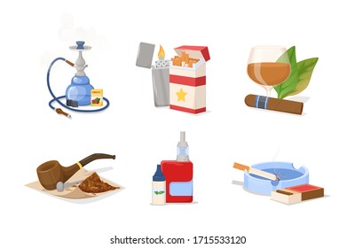 Smoking tobacco set. Tobacco hookah, vape with smoke steam. Cigars, cigarettes, cigarillos, lighter, smoking pipe. Snuff, chewing tobacco powder, nicotine, tobacco leaves cigarette harm vector