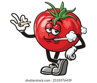 Desenho Animado de Tomate para Fumar Mascote Ilustração Personagem Vetor Clip-Art Desenhado à Mão Logo Design