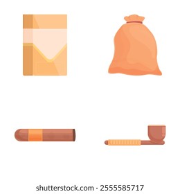 Smoking tool icons set cartoon vector. Cigarette, cigar and smoking device. Tobacco product