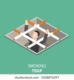 Smoking trap flat isometric vector concept. Man has got into a pit with a grid made of cigarettes and asking for help.