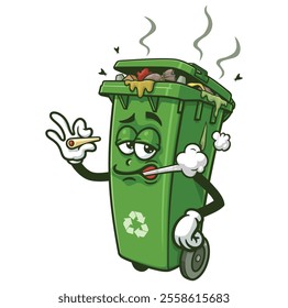 Smoking Trash Bin Cartoon Character Mascot Illustration Vector Clip-art Hand-drawn Logo Design