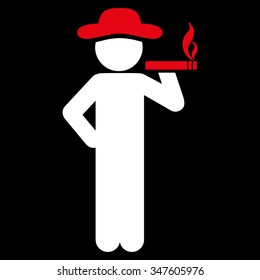 Smoking User vector icon. Style is bicolor flat symbol, red and white colors, rounded angles, black background.